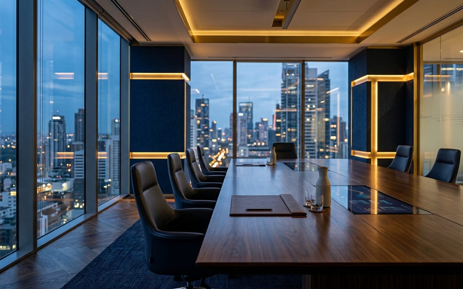 Modern boardroom interior with deep navy walls and warm gold accent lighting at dusk